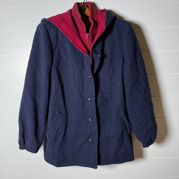 Vintage Authentic macKintosh Vest Wool Coat Navy with Red Leather Buttons Sz 14 - Picture 1 of 12